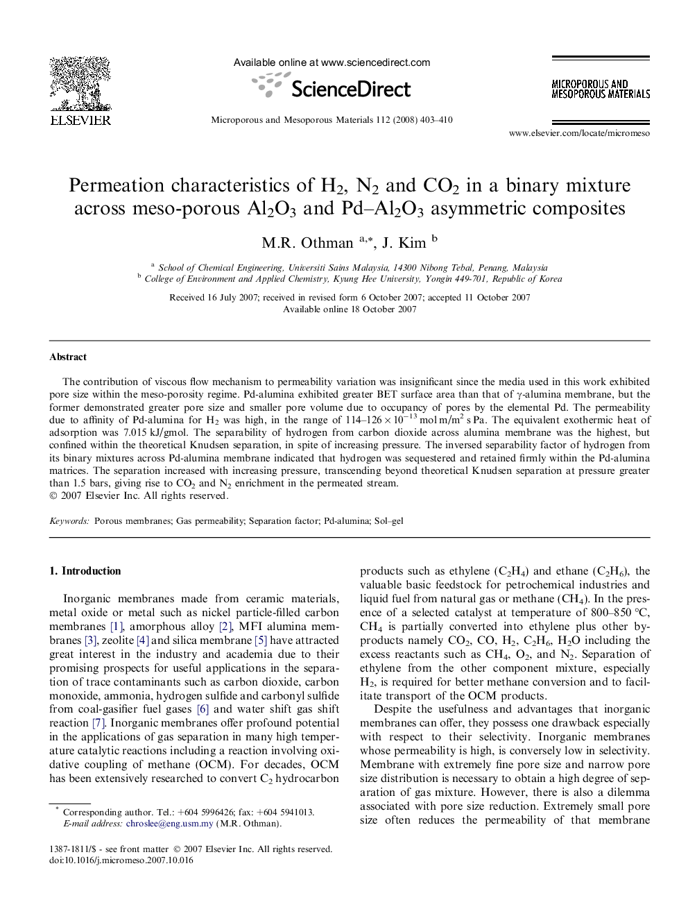 Permeation characteristics of H2, N2 and CO2 in a binary mixture across meso-porous Al2O3 and Pd–Al2O3 asymmetric composites