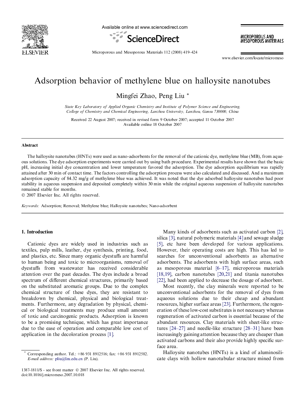 Adsorption behavior of methylene blue on halloysite nanotubes