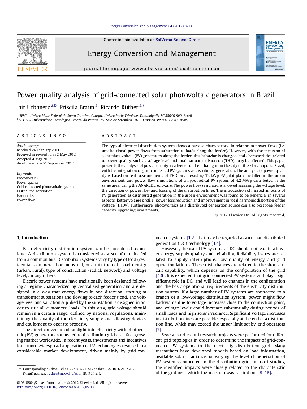 Power quality analysis of grid-connected solar photovoltaic generators in Brazil