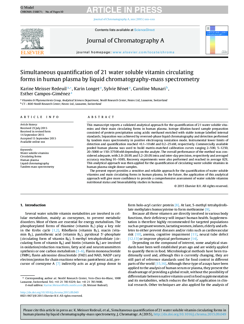 Simultaneous quantification of 21 water soluble vitamin circulating forms in human plasma by liquid chromatography-mass spectrometry