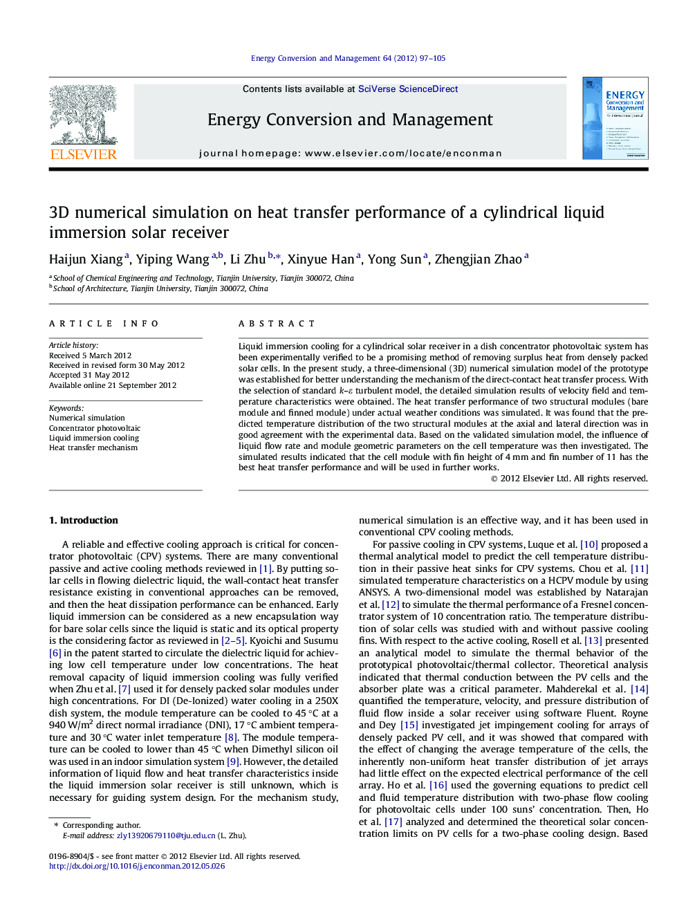 عکس صفحه اول مقاله: 3D numerical simulation on heat transfer performance of a cylindrical liquid immersion solar receiver 3D numerical simulation on heat transfer performance of a cylindrical liquid immersion solar receiver
