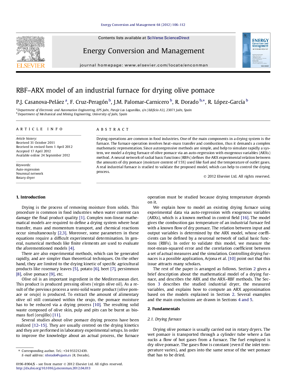 RBF–ARX model of an industrial furnace for drying olive pomace