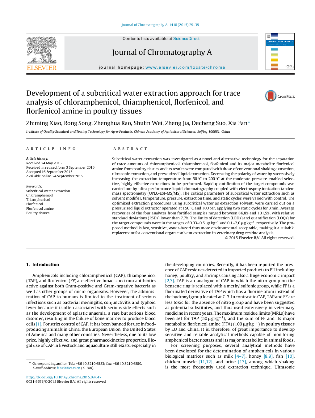 Development of a subcritical water extraction approach for trace analysis of chloramphenicol, thiamphenicol, florfenicol, and florfenicol amine in poultry tissues