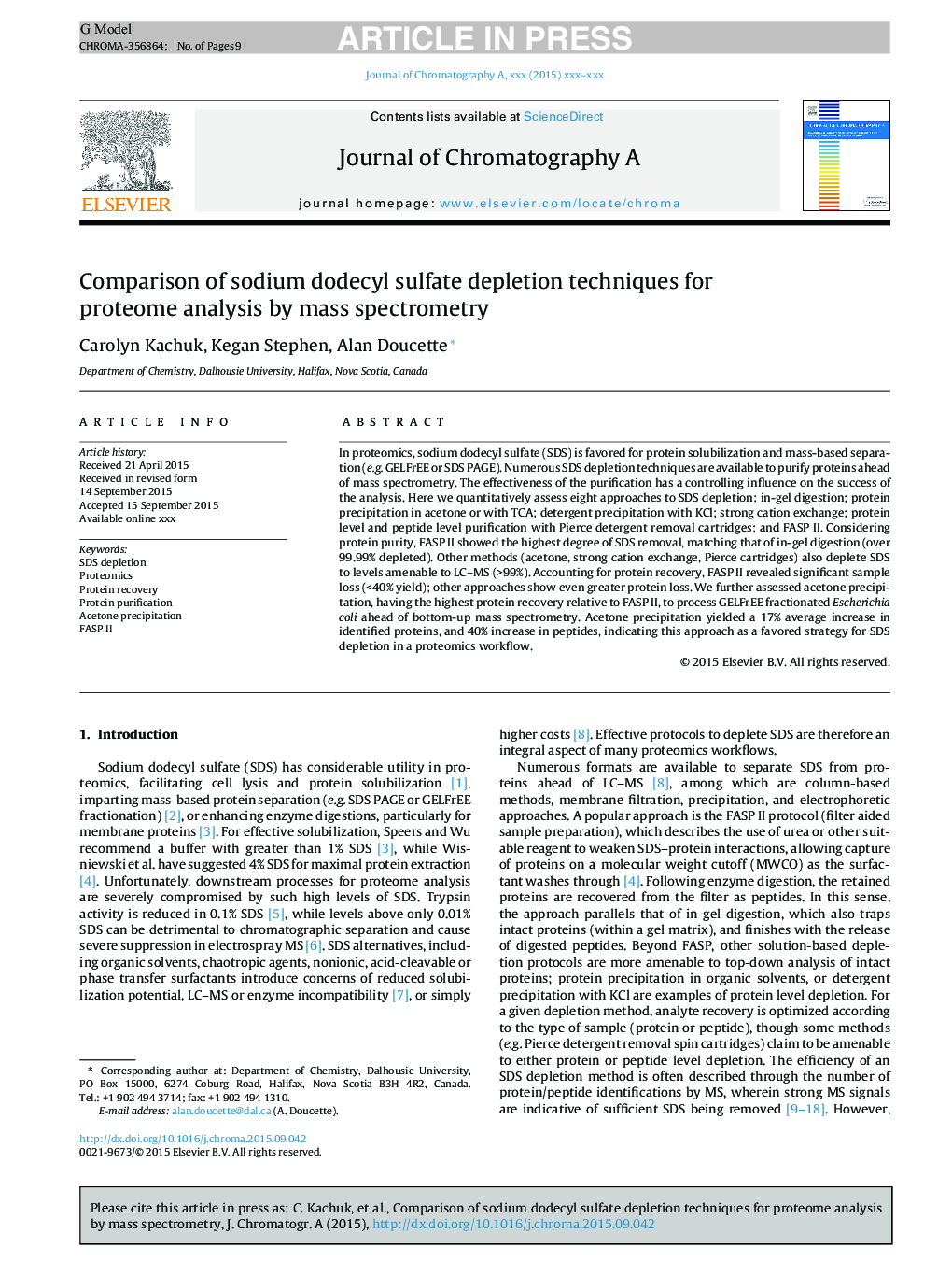 مقایسه روشهای تخلیه سدیم دودسیل سولفات برای تجزیه پروتئوم با استفاده از طیف سنجی جرمی 