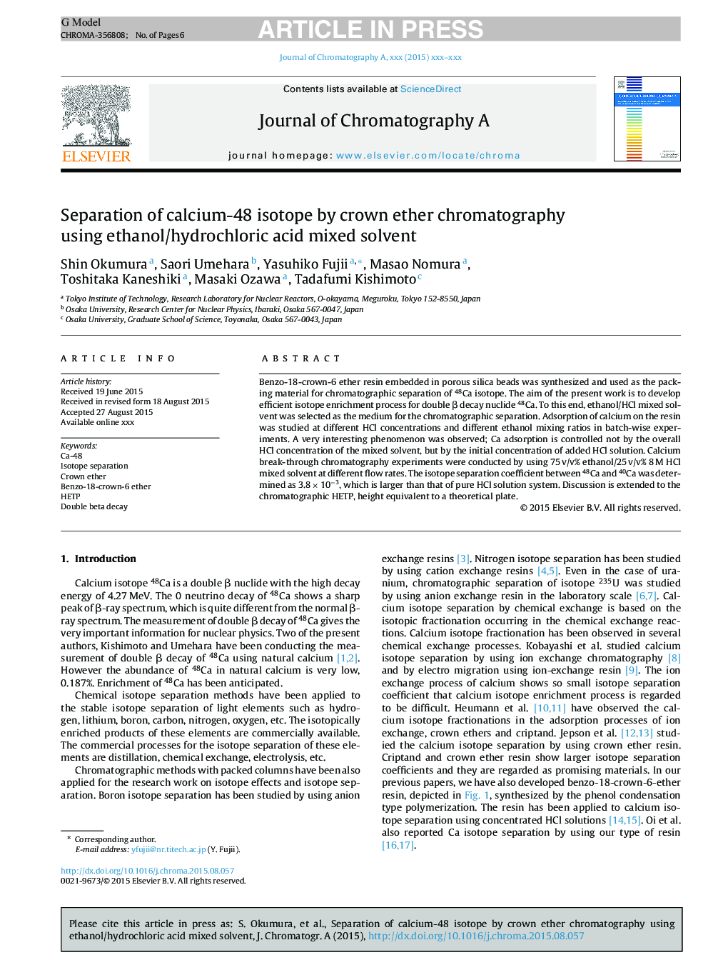 جداسازی ایزوتوپ کلسیم -48 با استفاده از کروماتوگرافی ترانس اتر با استفاده از حلال مخلوط اتانول / اسید هیدروکلریک 
