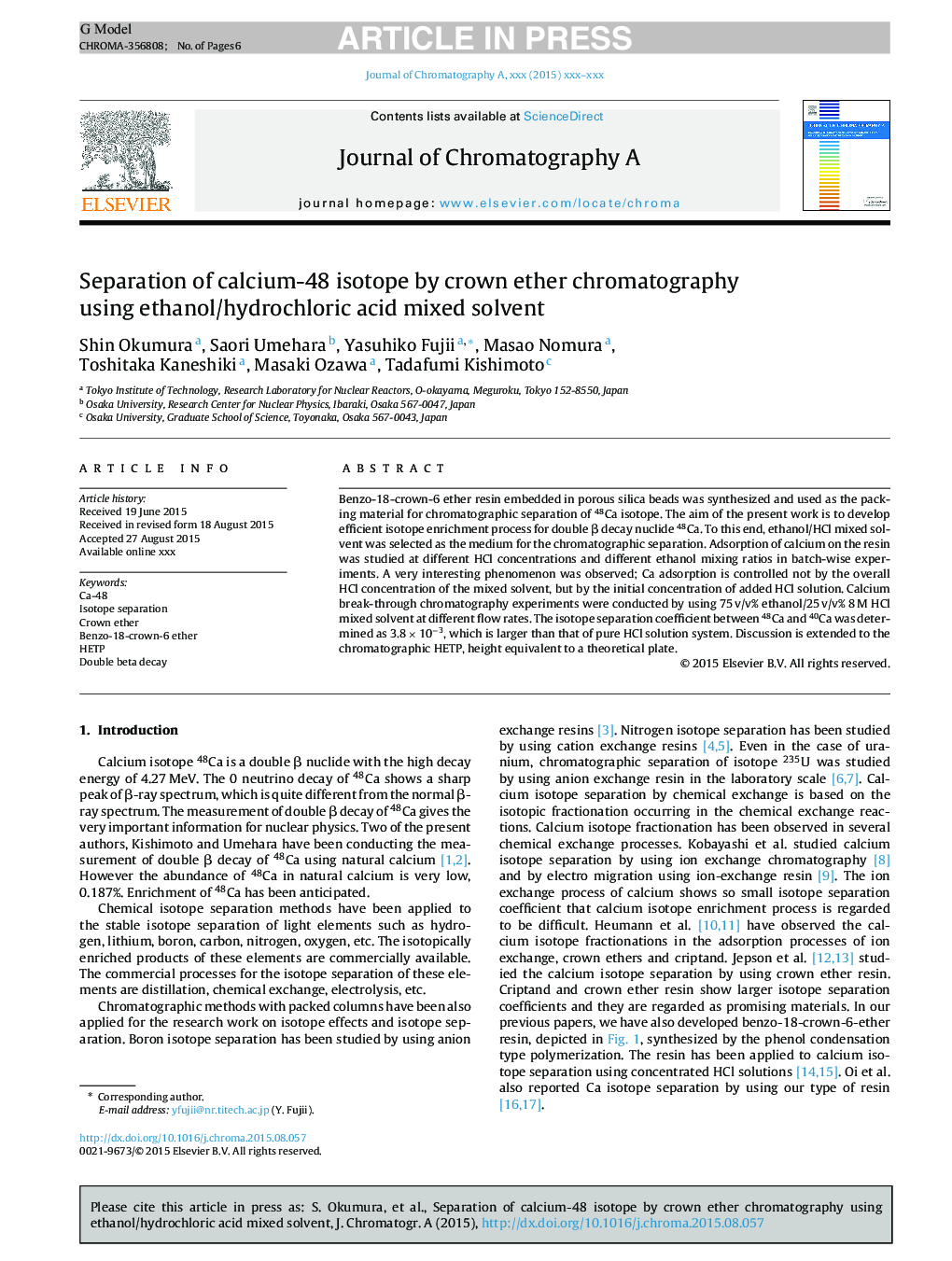 Separation of calcium-48 isotope by crown ether chromatography using ethanol/hydrochloric acid mixed solvent