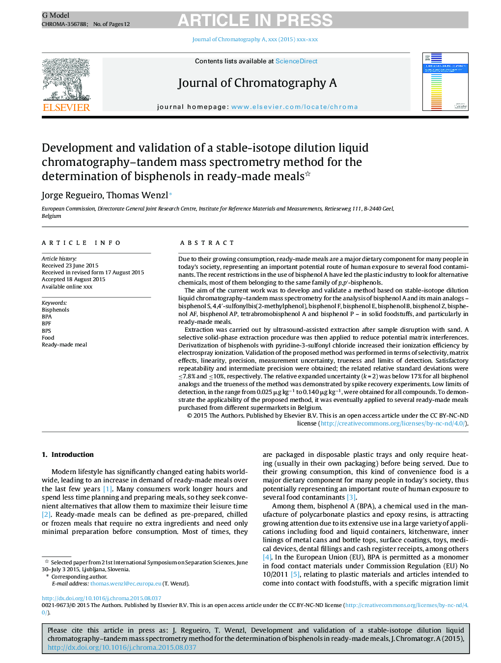 Development and validation of a stable-isotope dilution liquid chromatography-tandem mass spectrometry method for the determination of bisphenols in ready-made meals