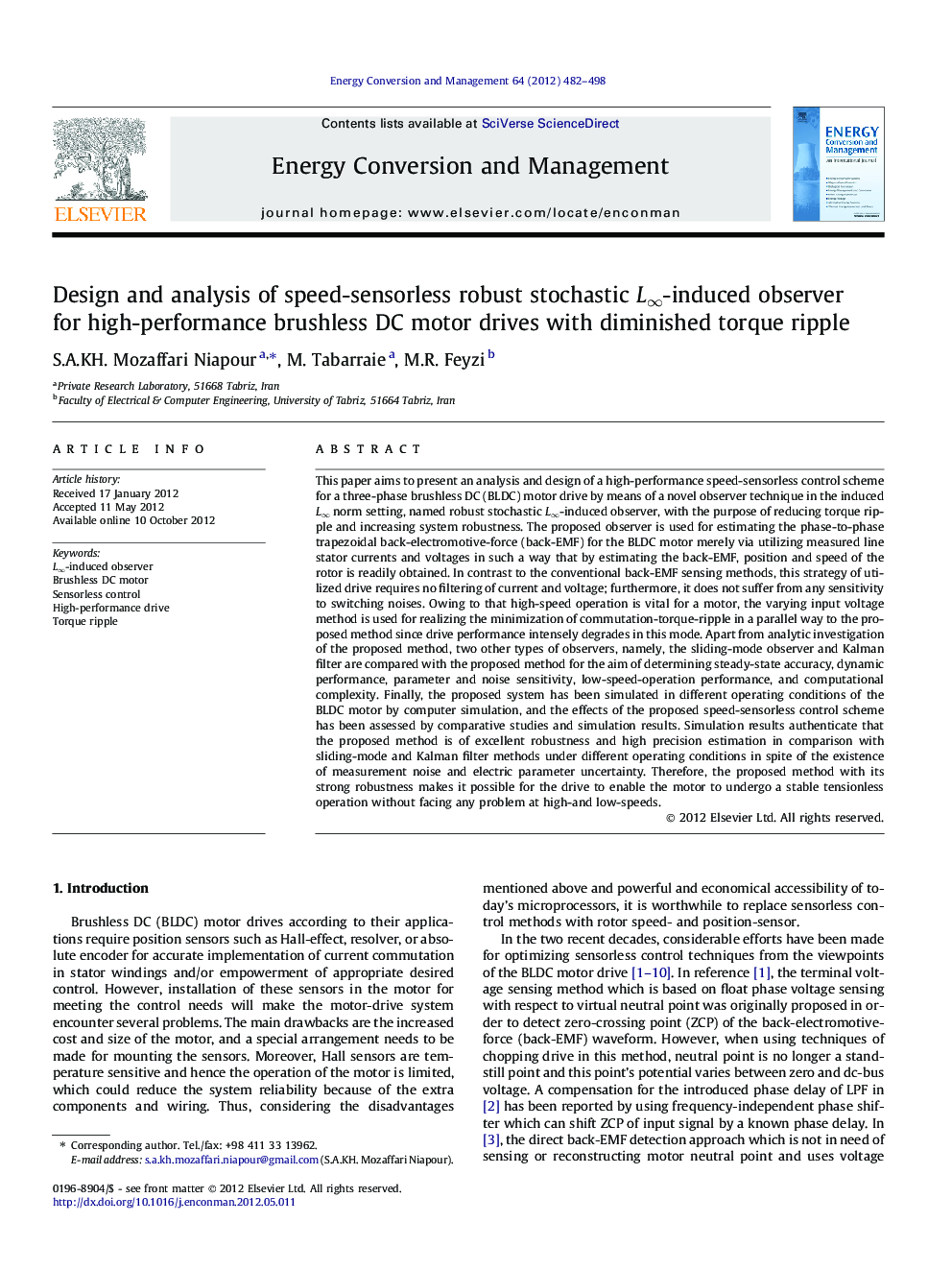 Design and analysis of speed-sensorless robust stochastic L∞-induced observer for high-performance brushless DC motor drives with diminished torque ripple