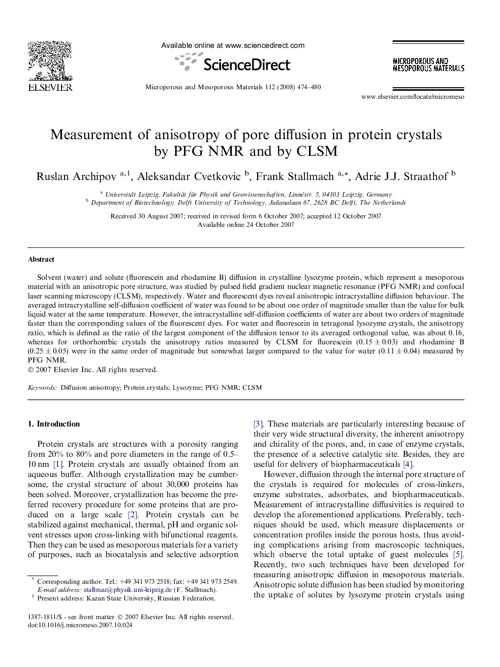 عکس صفحه اول مقاله: Measurement of anisotropy of pore diffusion in protein crystals by PFG NMR and by CLSM Measurement of anisotropy of pore diffusion in protein crystals by PFG NMR and by CLSM