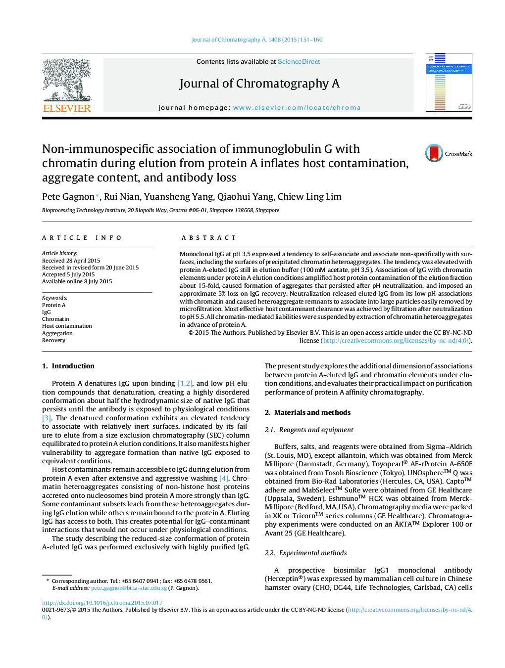 Non-immunospecific association of immunoglobulin G with chromatin during elution from protein A inflates host contamination, aggregate content, and antibody loss