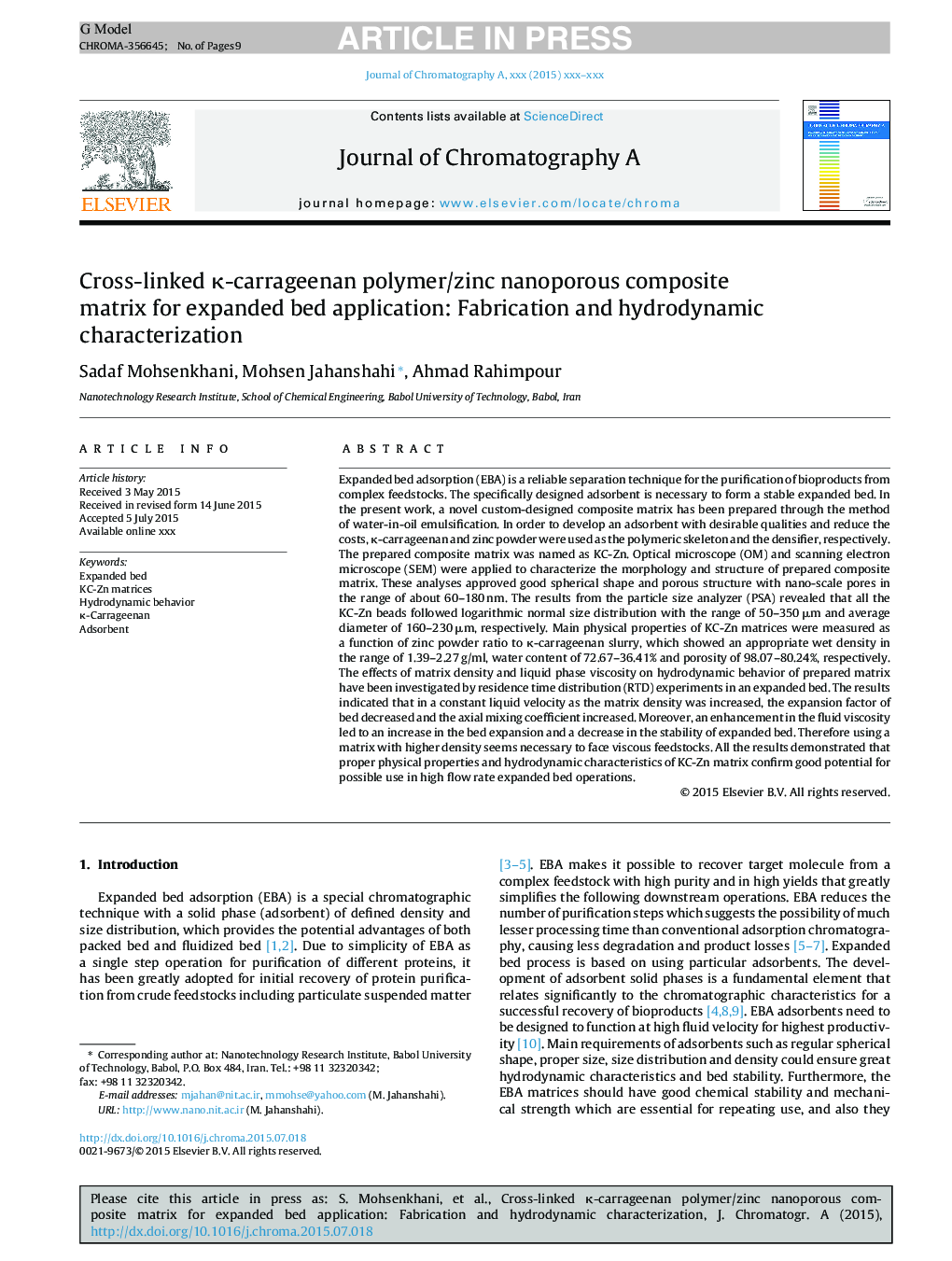 Cross-linked Îº-carrageenan polymer/zinc nanoporous composite matrix for expanded bed application: Fabrication and hydrodynamic characterization