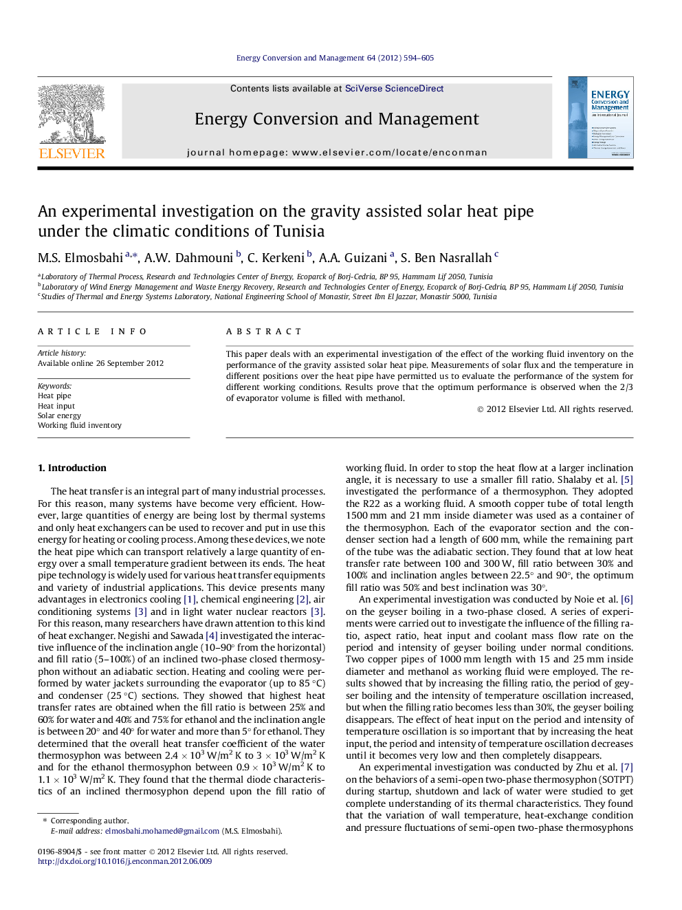 An experimental investigation on the gravity assisted solar heat pipe under the climatic conditions of Tunisia