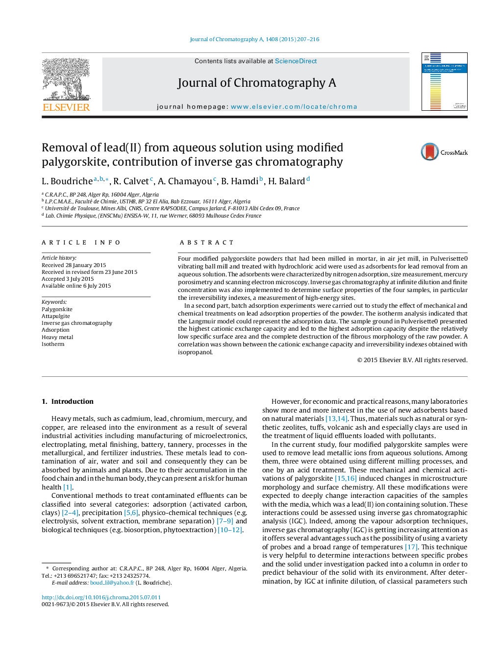 Removal of lead(II) from aqueous solution using modified palygorskite, contribution of inverse gas chromatography