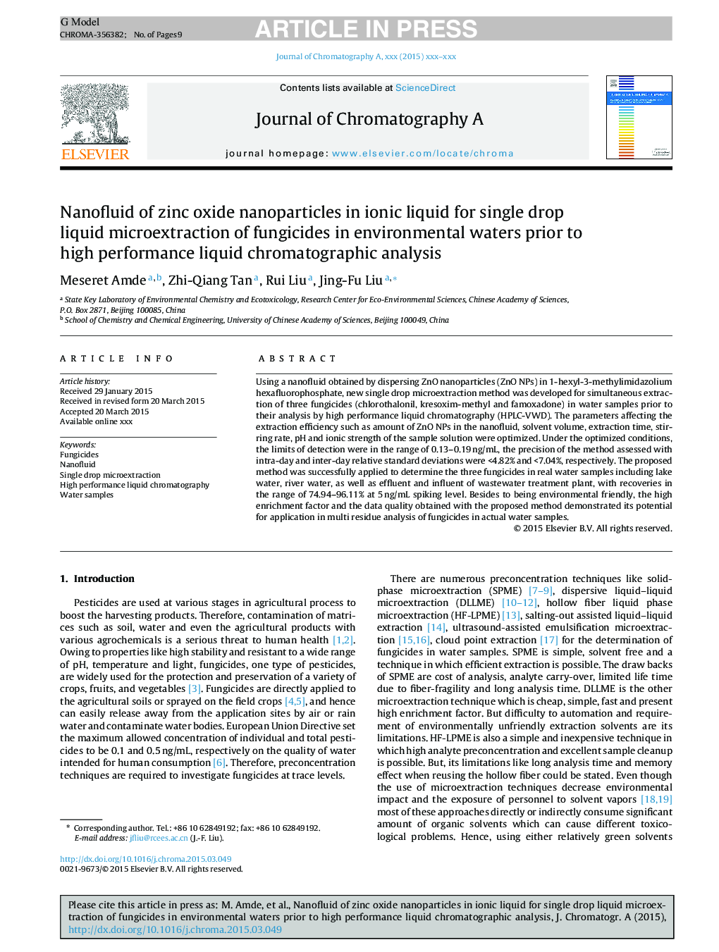 Nanofluid of zinc oxide nanoparticles in ionic liquid for single drop liquid microextraction of fungicides in environmental waters prior to high performance liquid chromatographic analysis