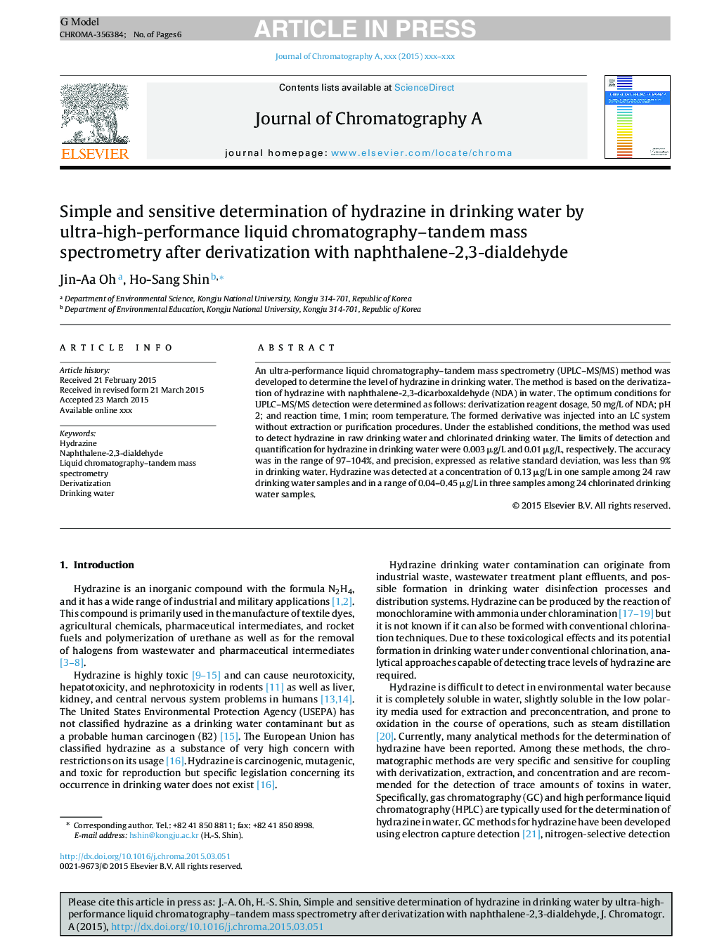 Simple and sensitive determination of hydrazine in drinking water by ultra-high-performance liquid chromatography-tandem mass spectrometry after derivatization with naphthalene-2,3-dialdehyde