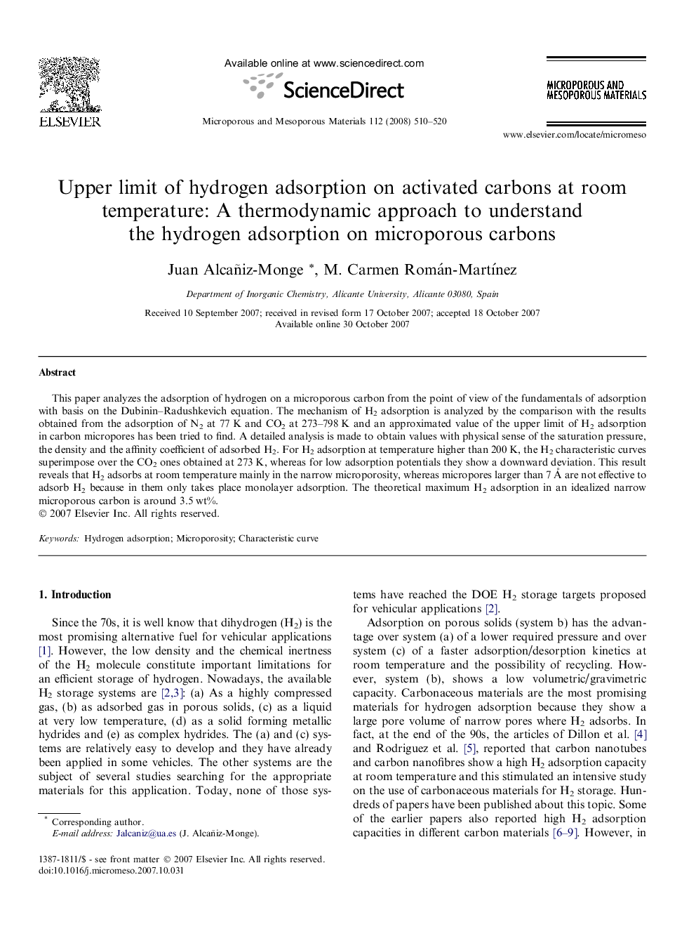 عکس صفحه اول مقاله: Upper limit of hydrogen adsorption on activated carbons at room temperature: A thermodynamic approach to understand the hydrogen adsorption on microporous carbons Upper limit of hydrogen adsorption on activated carbons at room temperature: A thermodynamic approach to understand the hydrogen adsorption on microporous carbons