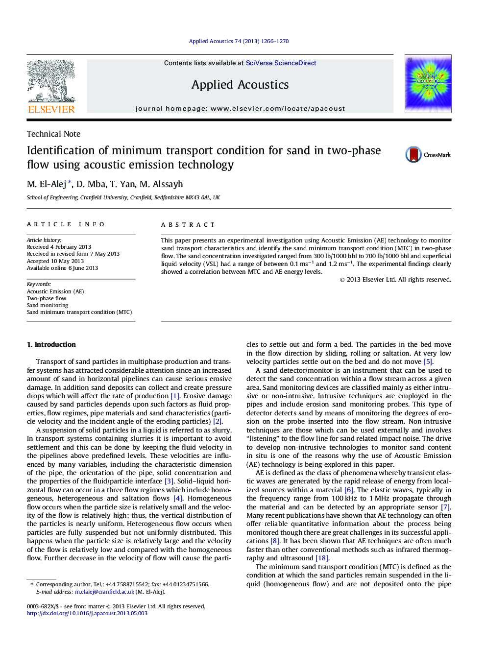 Identification of minimum transport condition for sand in two-phase flow using acoustic emission technology