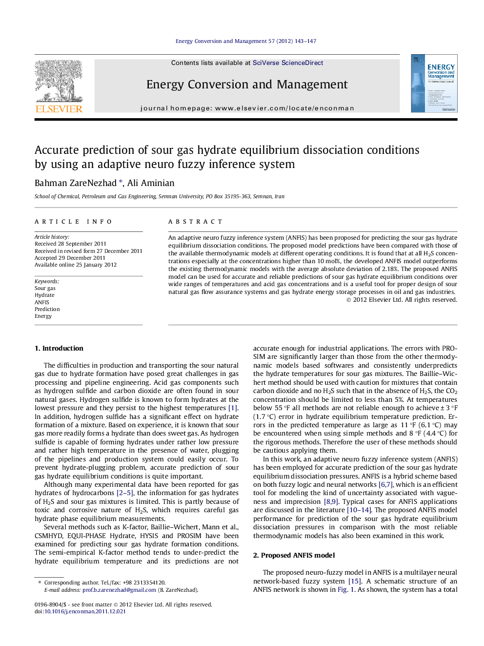 Accurate prediction of sour gas hydrate equilibrium dissociation conditions by using an adaptive neuro fuzzy inference system