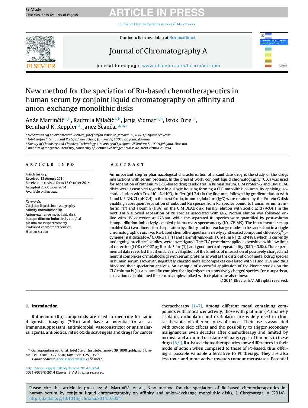 New method for the speciation of ruthenium-based chemotherapeutics in human serum by conjoint liquid chromatography on affinity and anion-exchange monolithic disks