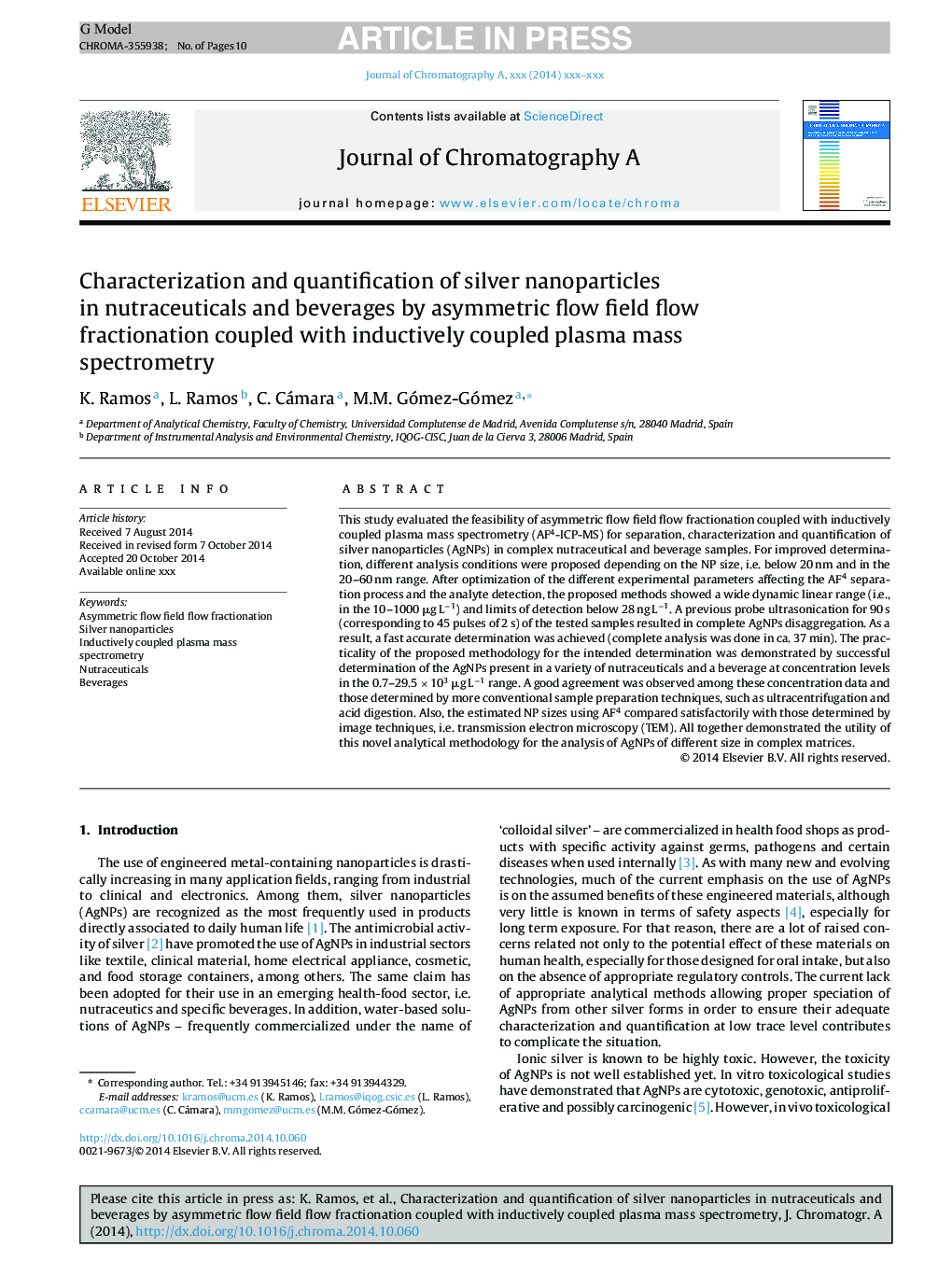 Characterization and quantification of silver nanoparticles in nutraceuticals and beverages by asymmetric flow field flow fractionation coupled with inductively coupled plasma mass spectrometry