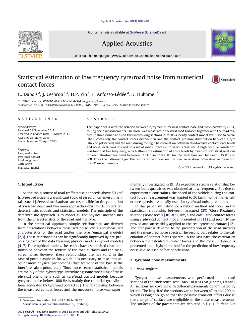 Statistical estimation of low frequency tyre/road noise from numerical contact forces