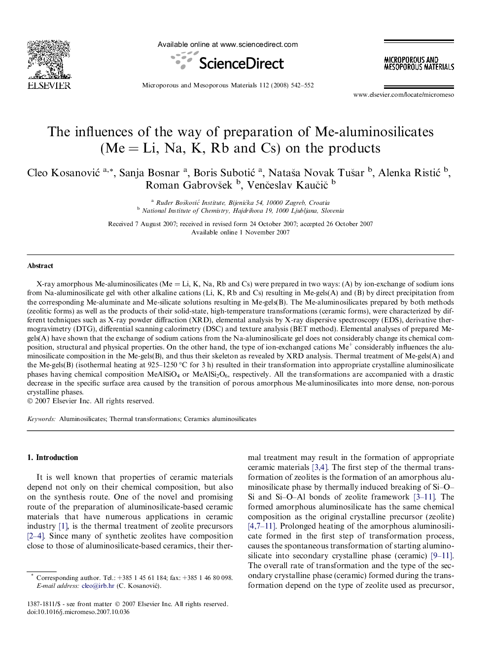 The influences of the way of preparation of Me-aluminosilicates (Me = Li, Na, K, Rb and Cs) on the products