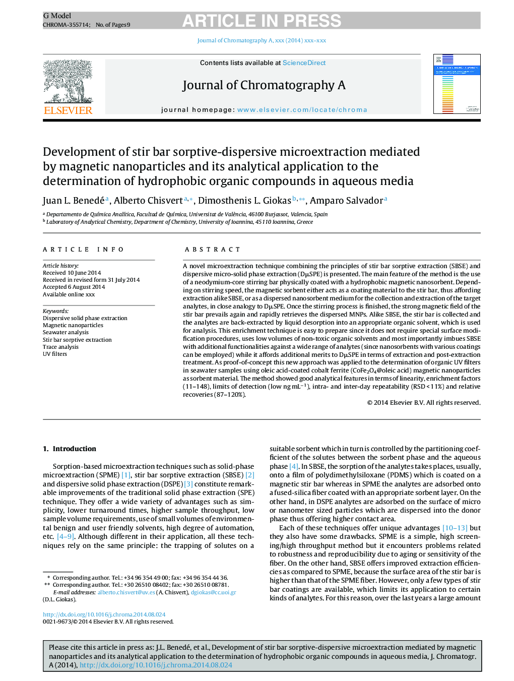 Development of stir bar sorptive-dispersive microextraction mediated by magnetic nanoparticles and its analytical application to the determination of hydrophobic organic compounds in aqueous media