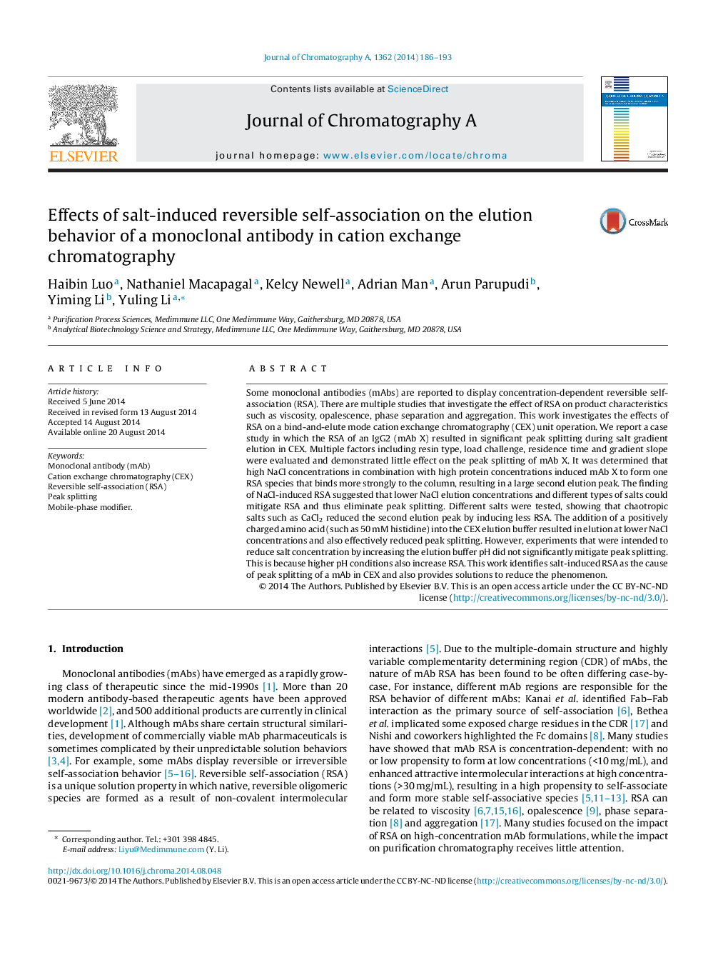 Effects of salt-induced reversible self-association on the elution behavior of a monoclonal antibody in cation exchange chromatography