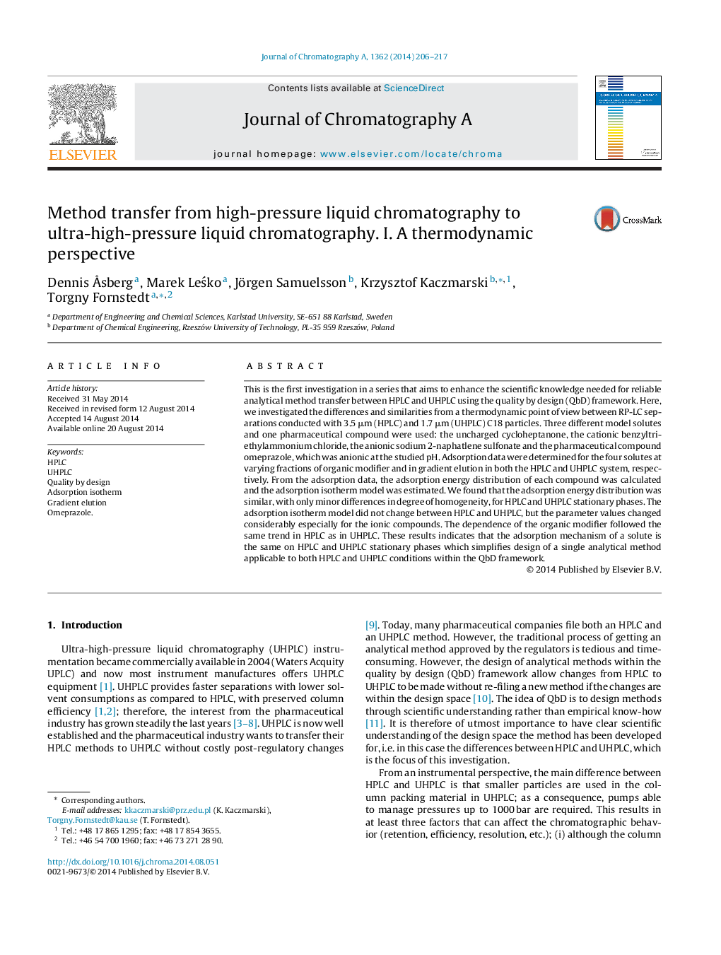 Method transfer from high-pressure liquid chromatography to ultra-high-pressure liquid chromatography. I. A thermodynamic perspective