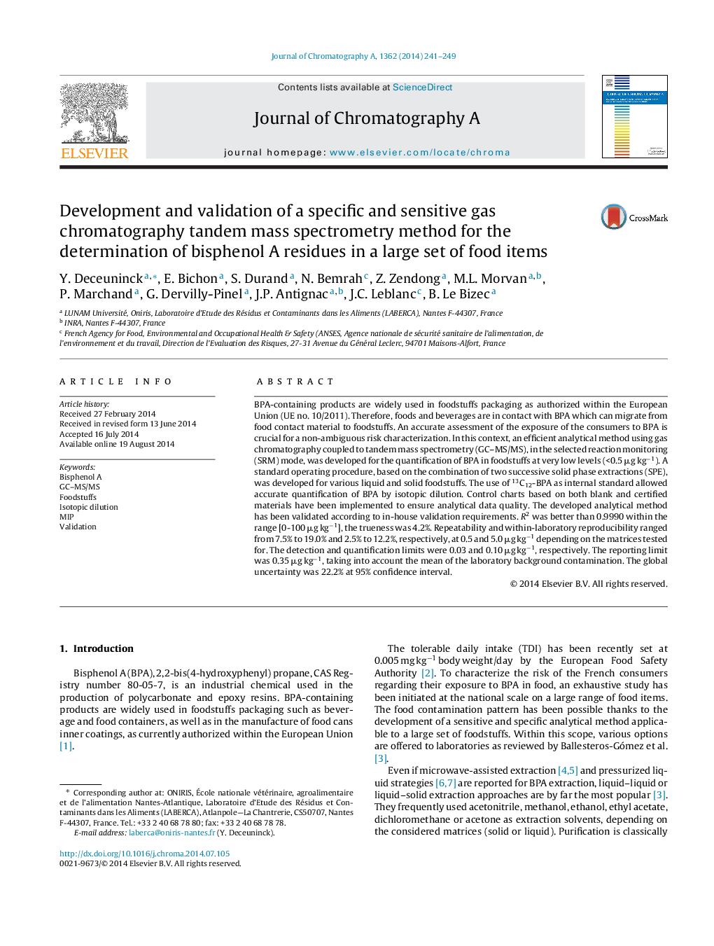 Development and validation of a specific and sensitive gas chromatography tandem mass spectrometry method for the determination of bisphenol A residues in a large set of food items