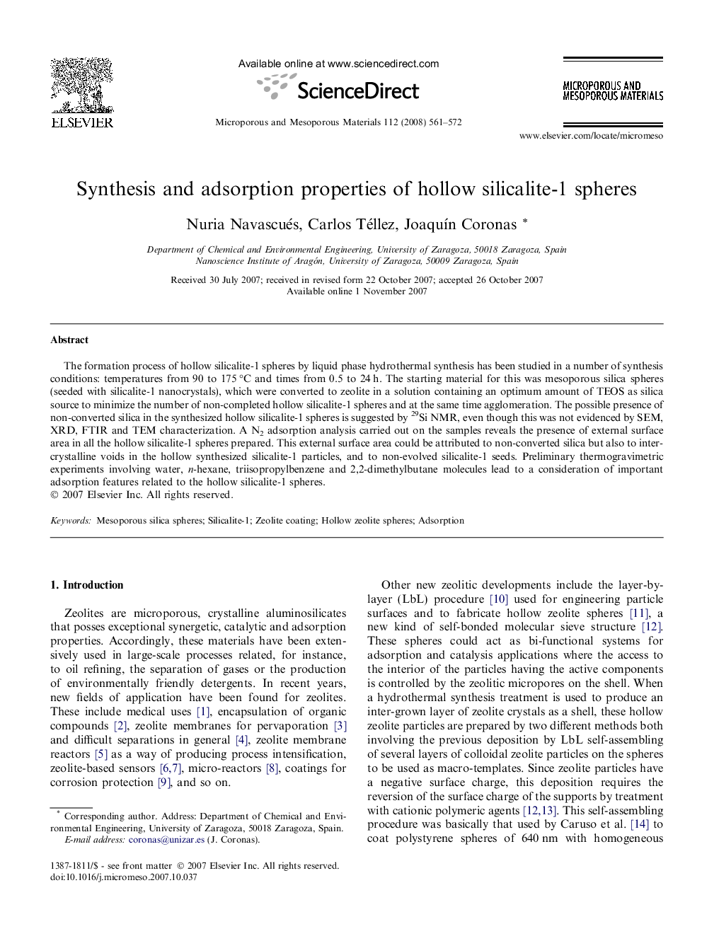 Synthesis and adsorption properties of hollow silicalite-1 spheres