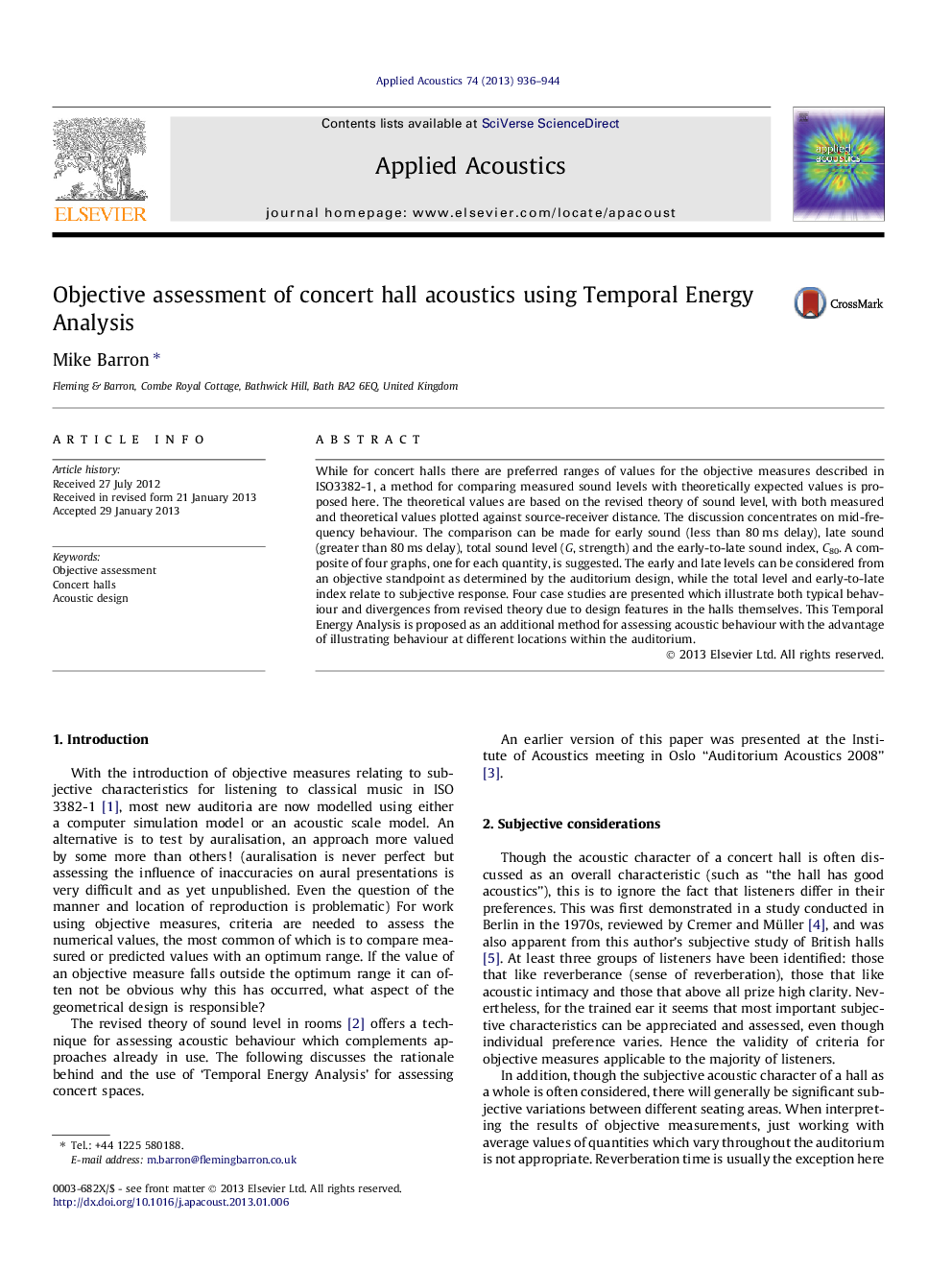 Objective assessment of concert hall acoustics using Temporal Energy Analysis