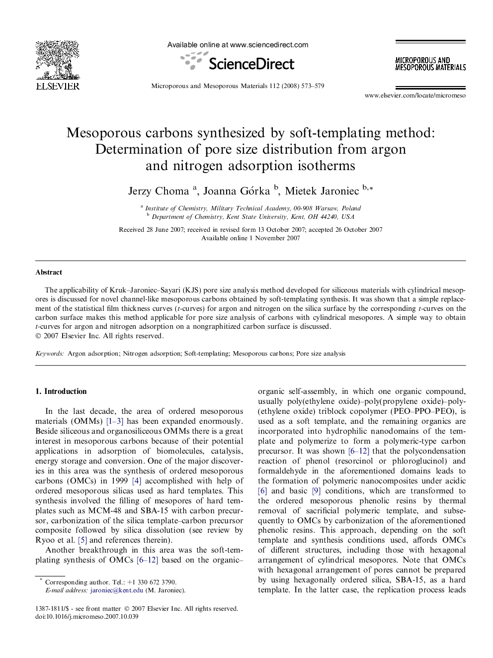 Mesoporous carbons synthesized by soft-templating method: Determination of pore size distribution from argon and nitrogen adsorption isotherms