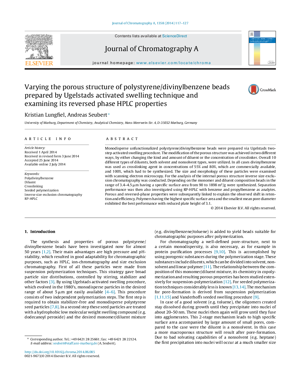 Varying the porous structure of polystyrene/divinylbenzene beads prepared by Ugelstads activated swelling technique and examining its reversed phase HPLC properties