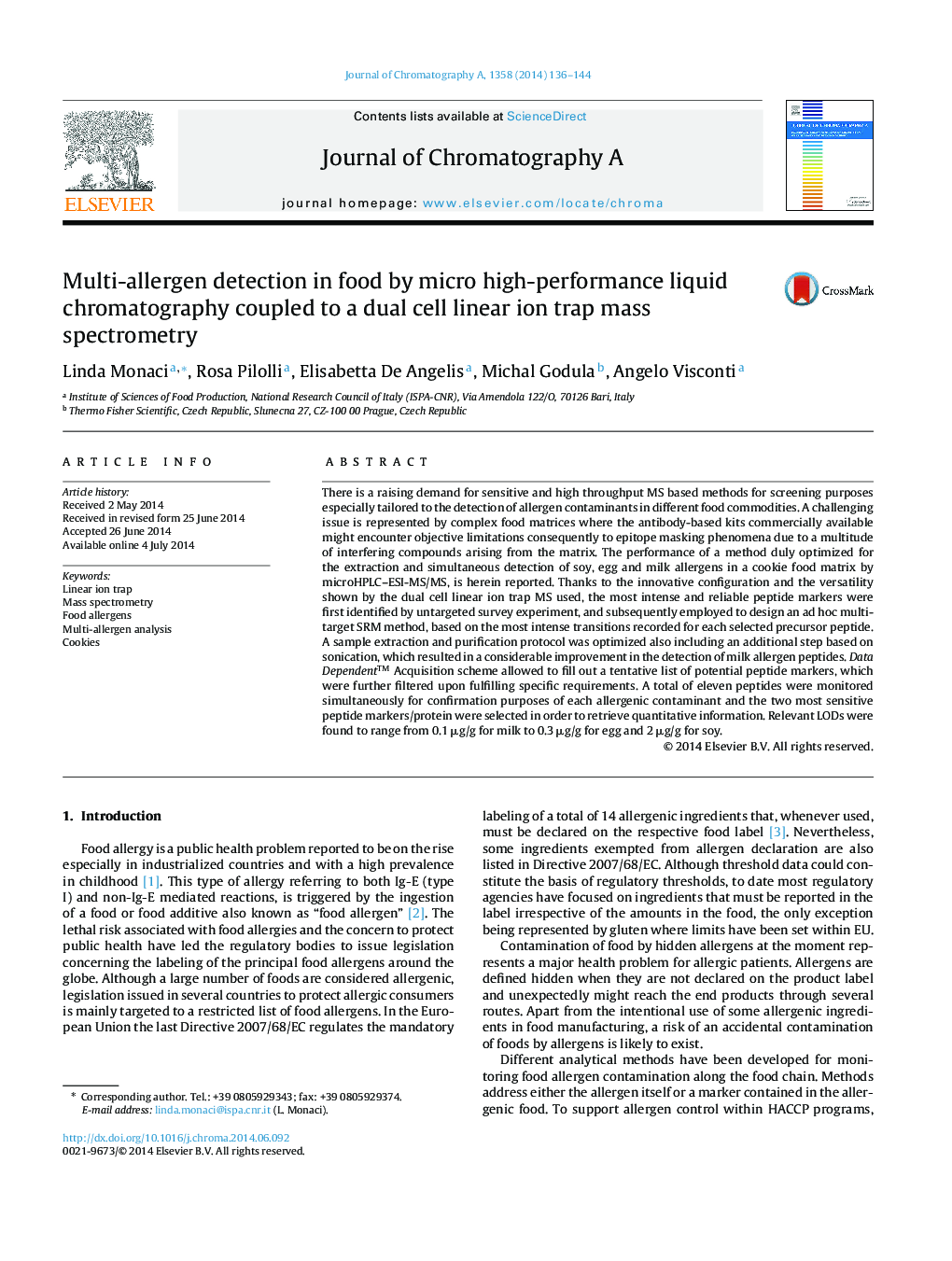 Multi-allergen detection in food by micro high-performance liquid chromatography coupled to a dual cell linear ion trap mass spectrometry