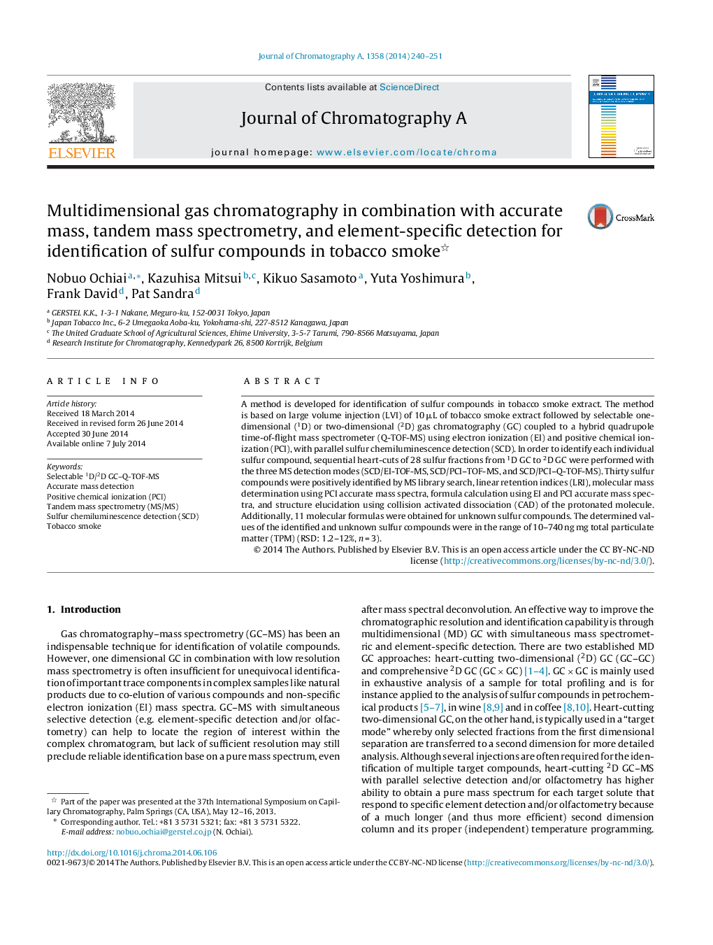 Multidimensional gas chromatography in combination with accurate mass, tandem mass spectrometry, and element-specific detection for identification of sulfur compounds in tobacco smoke