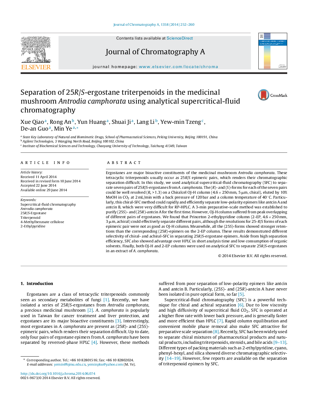 Separation of 25R/S-ergostane triterpenoids in the medicinal mushroom Antrodia camphorata using analytical supercritical-fluid chromatography