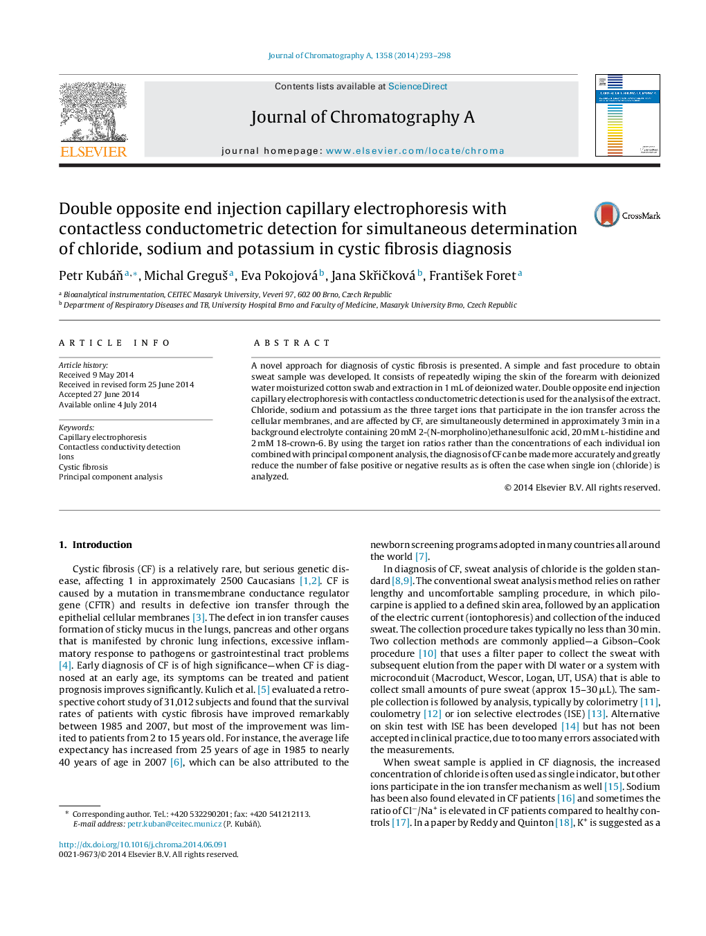 Double opposite end injection capillary electrophoresis with contactless conductometric detection for simultaneous determination of chloride, sodium and potassium in cystic fibrosis diagnosis