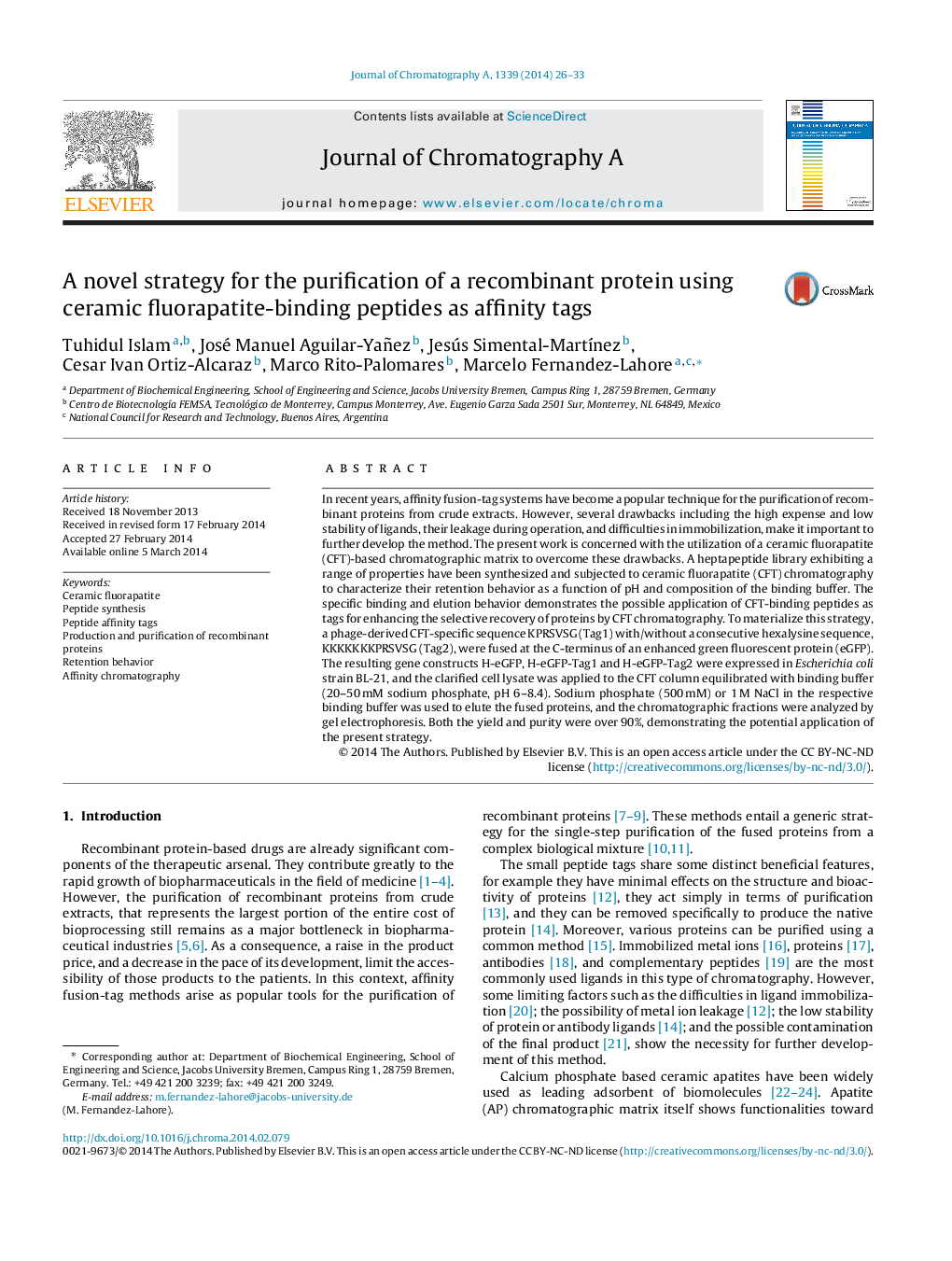 A novel strategy for the purification of a recombinant protein using ceramic fluorapatite-binding peptides as affinity tags