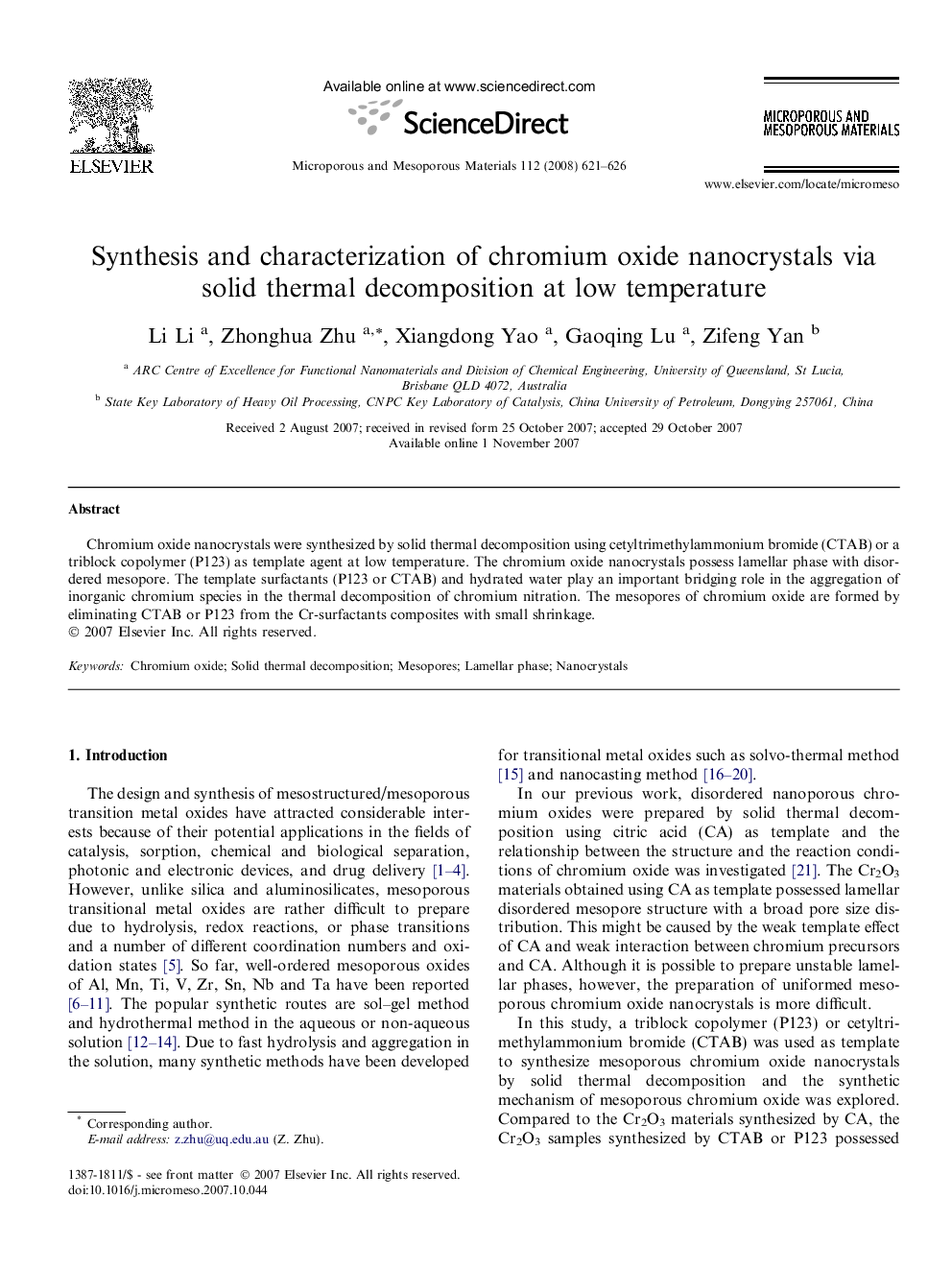 Synthesis and characterization of chromium oxide nanocrystals via solid thermal decomposition at low temperature