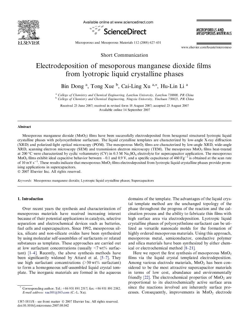 Electrodeposition of mesoporous manganese dioxide films from lyotropic liquid crystalline phases