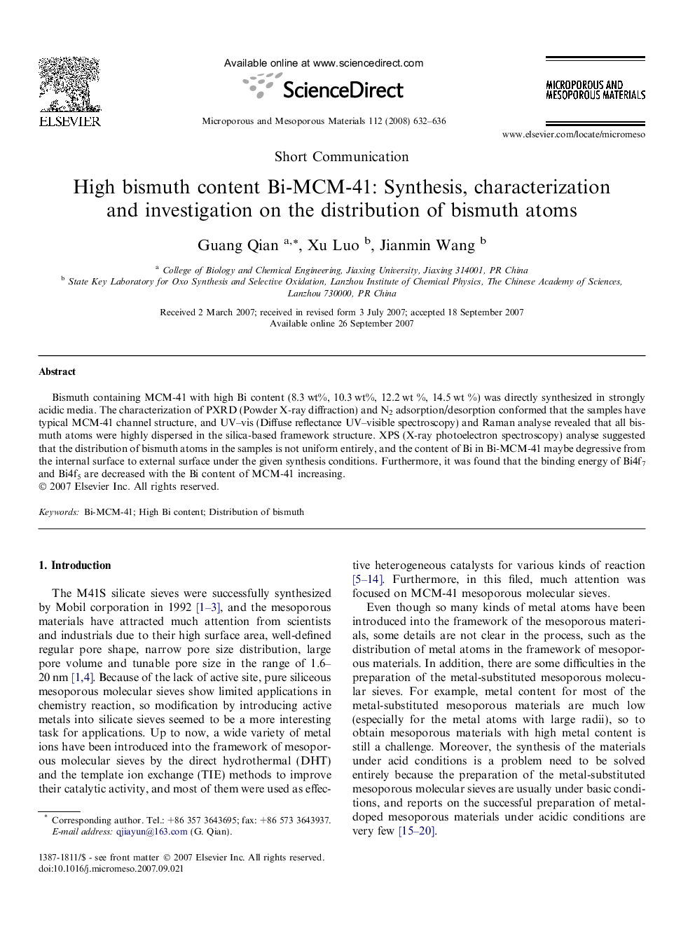 High bismuth content Bi-MCM-41: Synthesis, characterization and investigation on the distribution of bismuth atoms