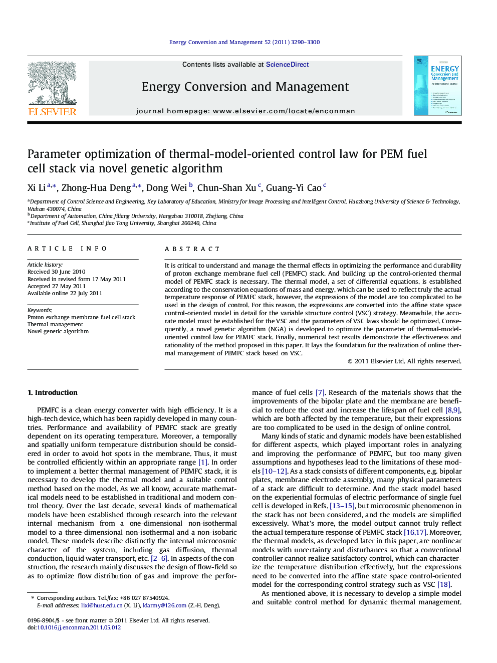 Parameter optimization of thermal-model-oriented control law for PEM fuel cell stack via novel genetic algorithm