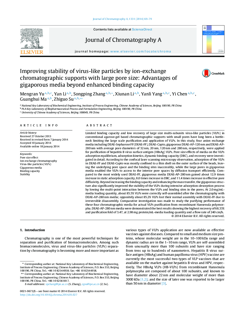 Improving stability of virus-like particles by ion-exchange chromatographic supports with large pore size: Advantages of gigaporous media beyond enhanced binding capacity