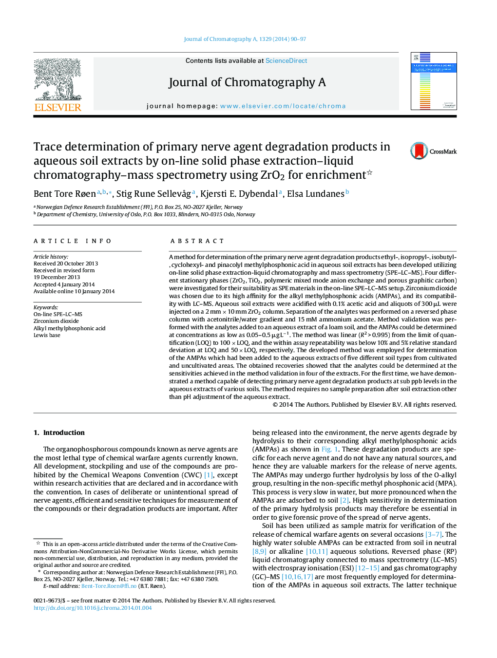 Trace determination of primary nerve agent degradation products in aqueous soil extracts by on-line solid phase extraction-liquid chromatography-mass spectrometry using ZrO2 for enrichment