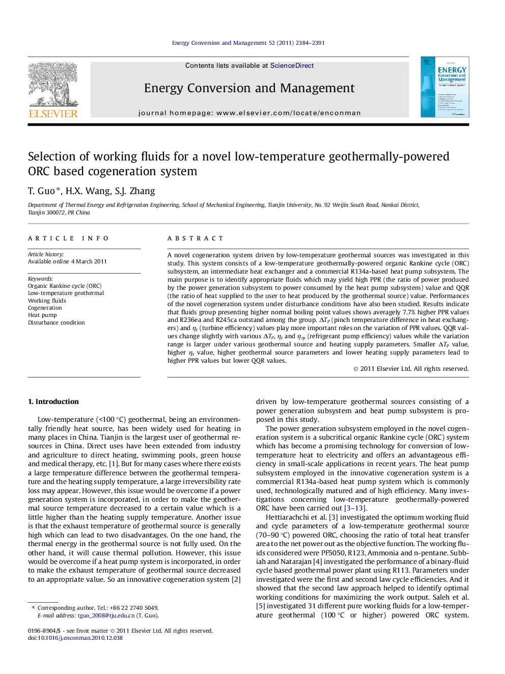 Selection of working fluids for a novel low-temperature geothermally-powered ORC based cogeneration system