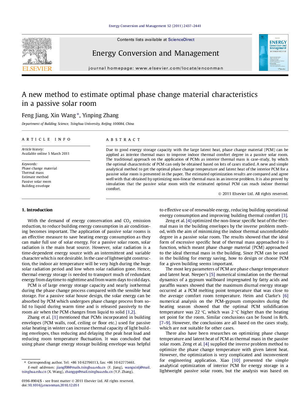 A new method to estimate optimal phase change material characteristics in a passive solar room