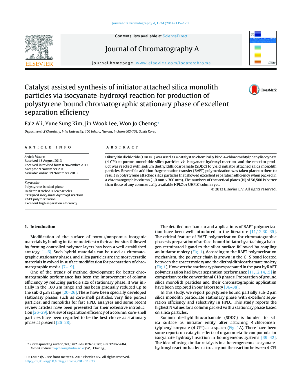 Catalyst assisted synthesis of initiator attached silica monolith particles via isocyanate-hydroxyl reaction for production of polystyrene bound chromatographic stationary phase of excellent separation efficiency