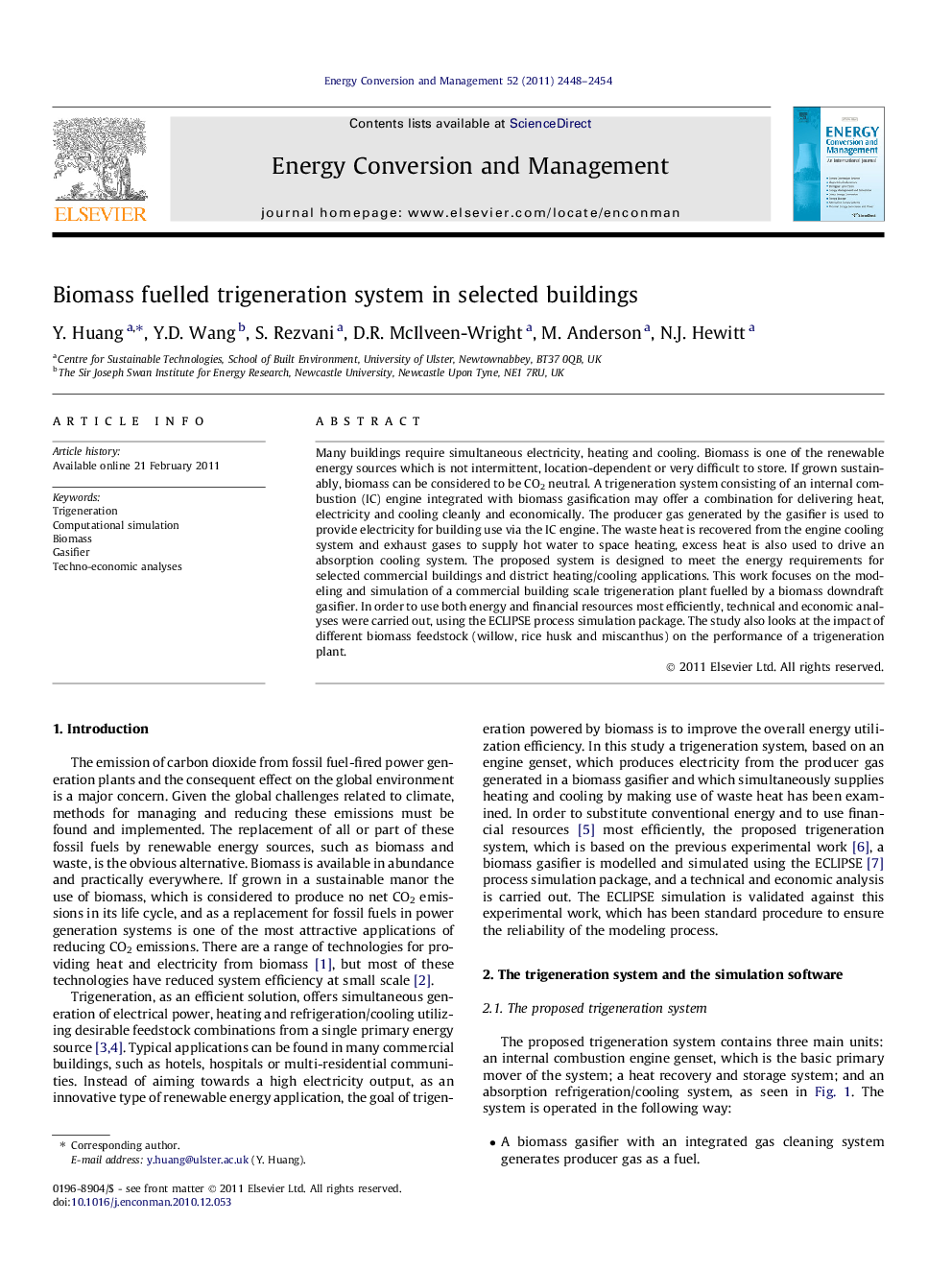 Biomass fuelled trigeneration system in selected buildings