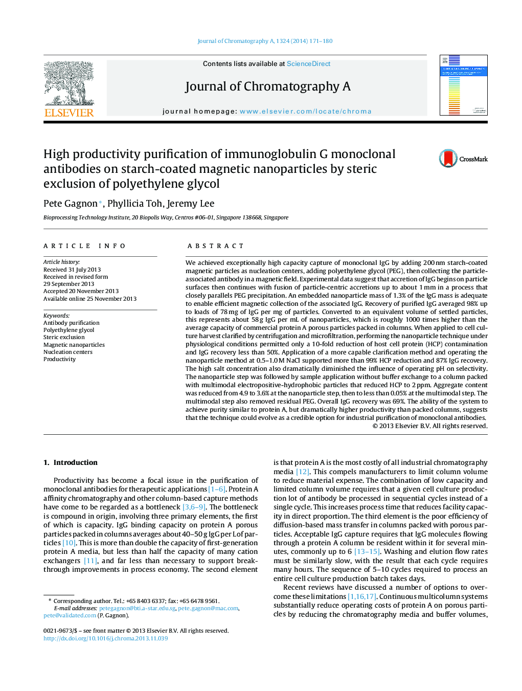 High productivity purification of immunoglobulin G monoclonal antibodies on starch-coated magnetic nanoparticles by steric exclusion of polyethylene glycol